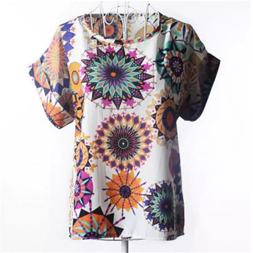 

2022NEW Women Chiffon Top T Shirt Stitching Short Sleeve Women Sunflower Stripe Plaid Dot Geometry Deep Blue Love Tops Summer