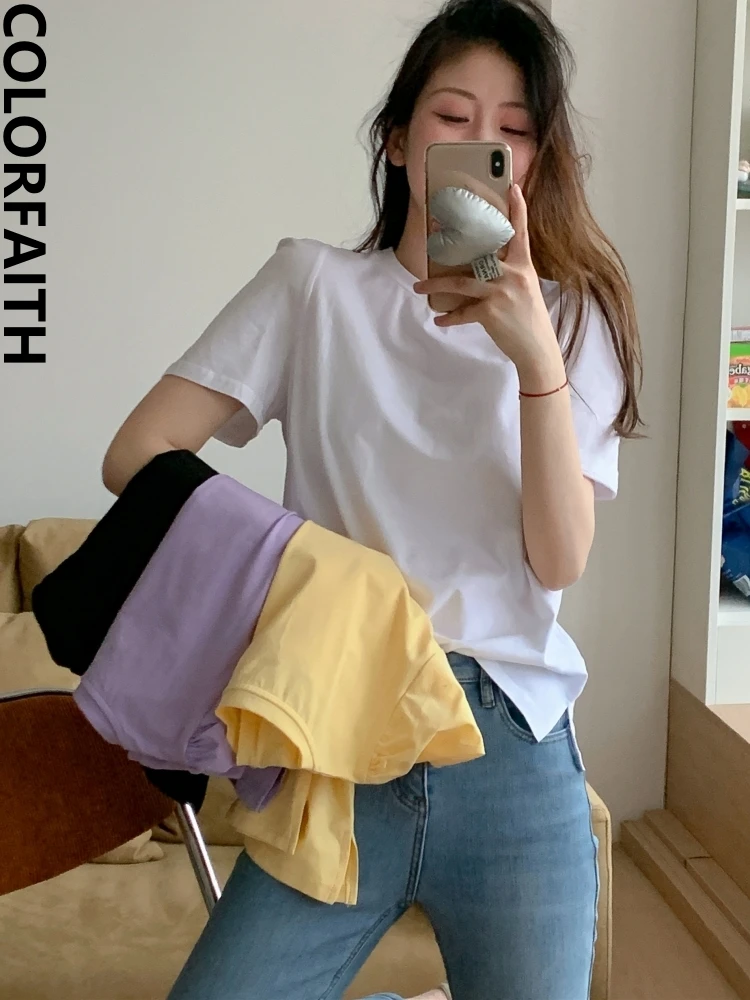 

Colorfaith T1038 Новинка 2023 шикарная корейская мода с пышными рукавами элегантные женские базовые футболки минималистичный стиль весна лето женск...