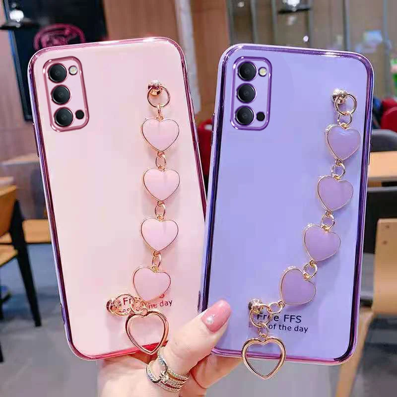 

Cute Love Heart Wrist Chain Phone Case For Samsung Galaxy A32 A02 A20S A50 A20 A21 A21S A31 A71 A52 A72 A51 Plating Bumper Cover