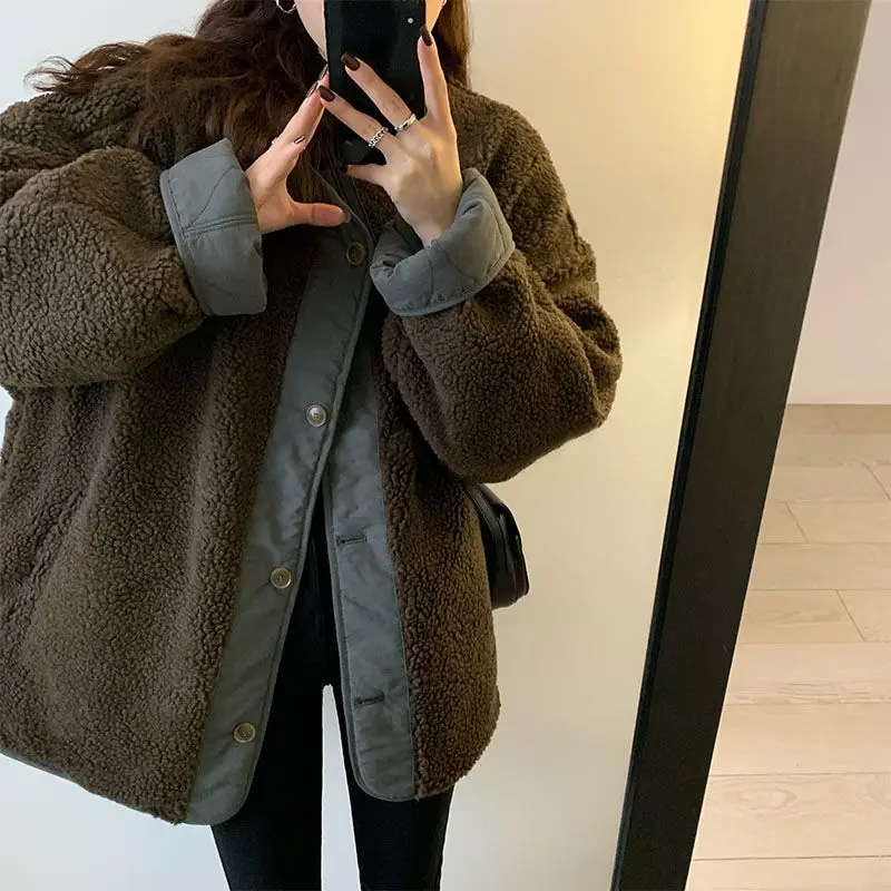 O-neck Stitching Lamb Wool Cotton Coat Women Autumn Winter Cotton Coat Coat Fashion Reversible Casual Top