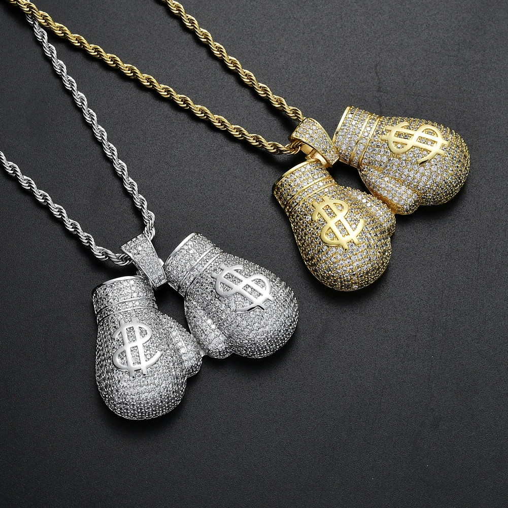 TOPGRILLZ New Double Fight Boxing Gloves Pendant Necklace High Quality Copper Iced Out CZ Hip Hop Punk Jewelry For Wholesale