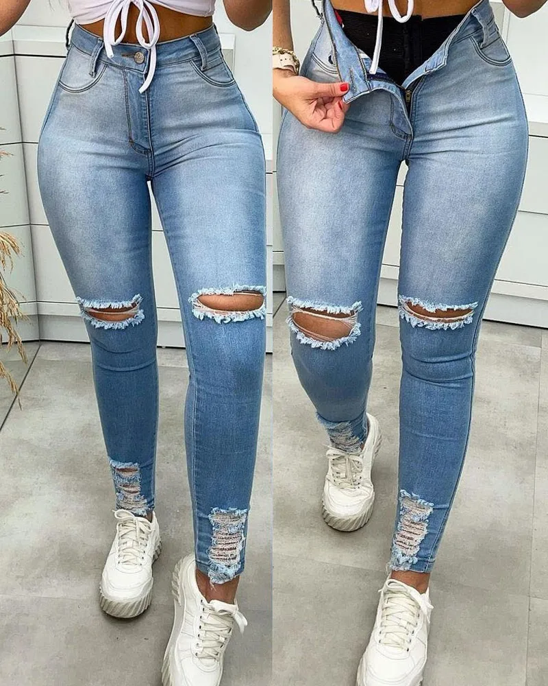 

Zipper Fly Cutout Ripped Skinny Jeans