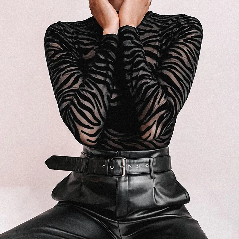 

2022 Black Mesh Transparent Sexy Bodysuit Long Sleeve Slim Skinny Stripe Mock Neck Casual Rompers Women Lady Party Club Body