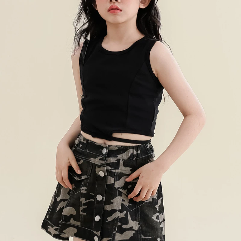 

Girls Sets Trendy Casual Kids Performance Costumes Black Vest Camouflage Skirt 2 Pcs Kids Outfit 13 14 15 Years Children Clothes