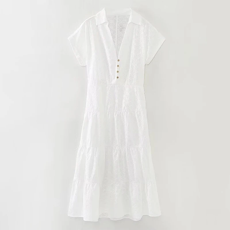 

YENKYE Summer Women Fashion Openwork Embroidery Midi Shirt Dress Vintage Short Sleeve Lapel Collar Female White Dresses