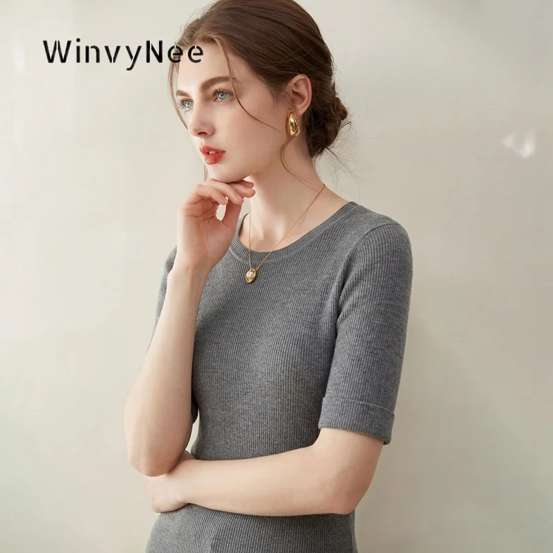 Фото Женская трикотажная футболка WinvyNee из тонкой чистой шерсти Yangzi, однотонная, с отворотами на рукавах, легкая, осенне-зимняя, ZA1827010 №2