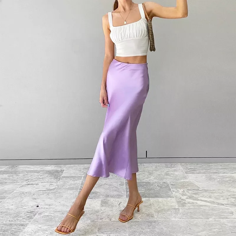 

Solid Purple Satin Silk Skirt Women High Waisted Summer Long Skirt New 2022 Elegant Ladies Office Skirts Midi Spring