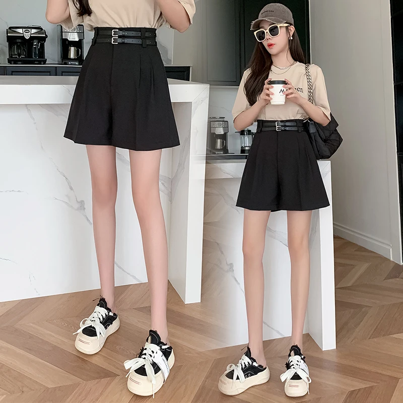 Casual Shorts Women 2023 Summer Fashion OL Women Clothing Suit Shorts High Waisted shorts Loose Wide Leg Pants Belt Black Shorts