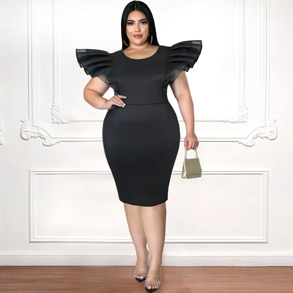 Plus Size Puff Sleeve Dress Mesh Occasional Elegant Cloth Female Fashion Luxury Gown 2023 Spring Women Evening Party New Dress