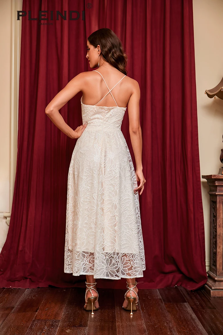 PLEINDI Luxury Evening Dresses Square Collar Spaghetti Strap A-shaped Tea-Length Chiffon 2022 New of Lace Exquisite Prom Dress