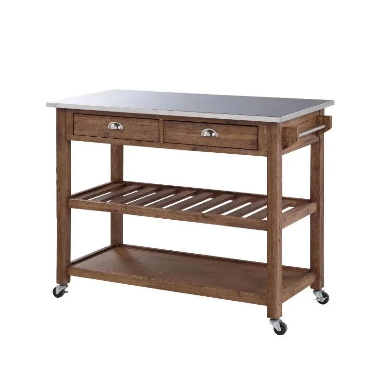 

Boraam Sonoma Wood Kitchen Cart with Stainless Steel Top - Barnwood Wire-Brush Finish 44W X 20.5D X 36H In Rolling Cart