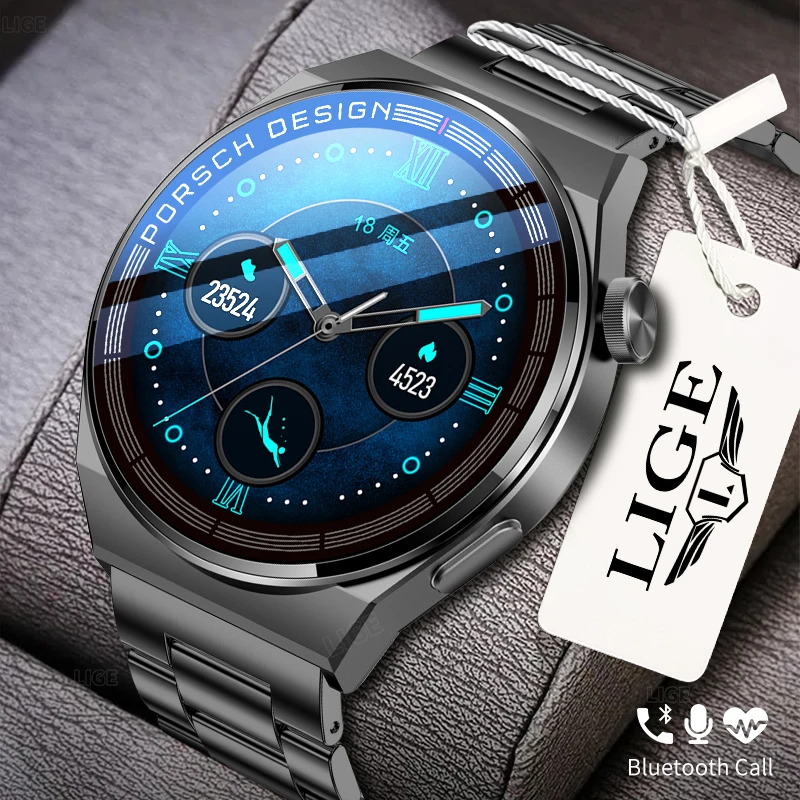 

LIGE New Smart Watch Men AMOLED 390*390 HD Screen Always Display Time Fitness Bracelet Waterproof Stainless Steel Smartwatch Men