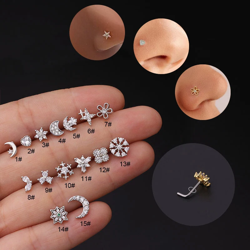 

Heart Flower Nose Rings Stainless Steel Zircon Moon Star Nose Stud 20G Body Piercing Jewelry For Women Men Girl Gift