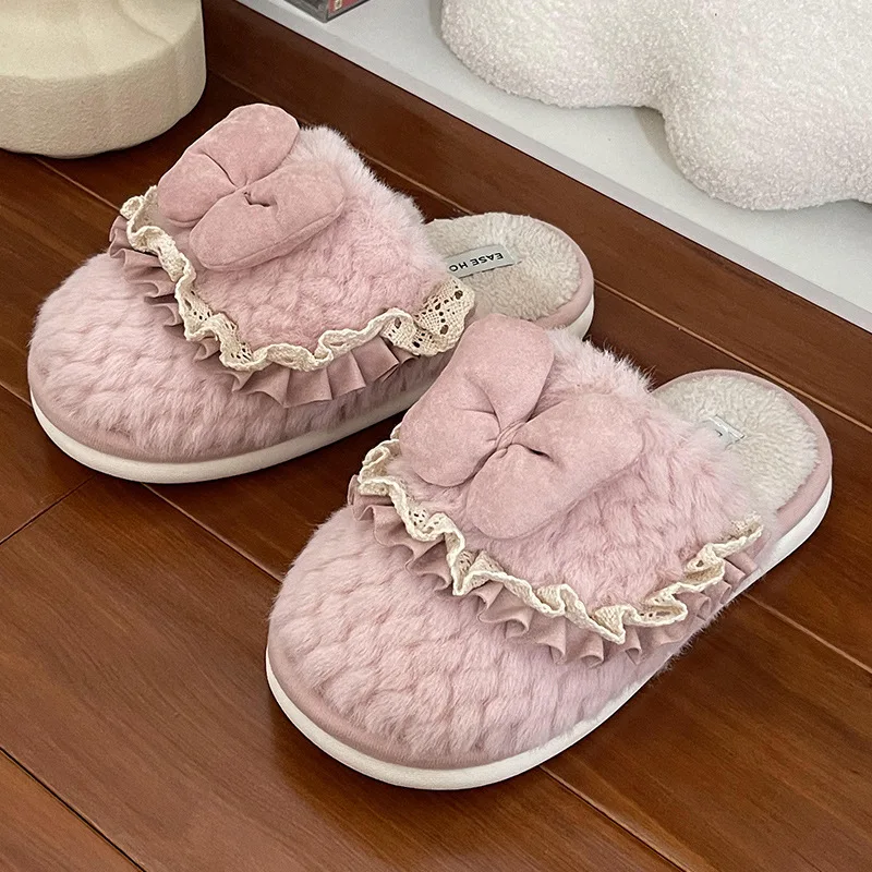 Winter Warm Plush Slippers Cute Bowknot Designer House Women Fur Slides Slippers Female Man Floor Mute Unisex Indoor Fluffy Shoe