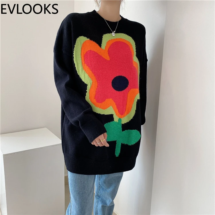 

Women Sweater Korean Chic Autumn Winter Retro Color Contrast Big Flower Loose Casual Warm Knitted Female Pullovers