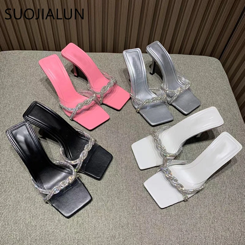 

SUOJIALUN 2023 Summer New Brand Women Slipper Fashion Crystal Square Toe Slip On Ladies Sandal Thin High Heel Outdoor Dress Slid