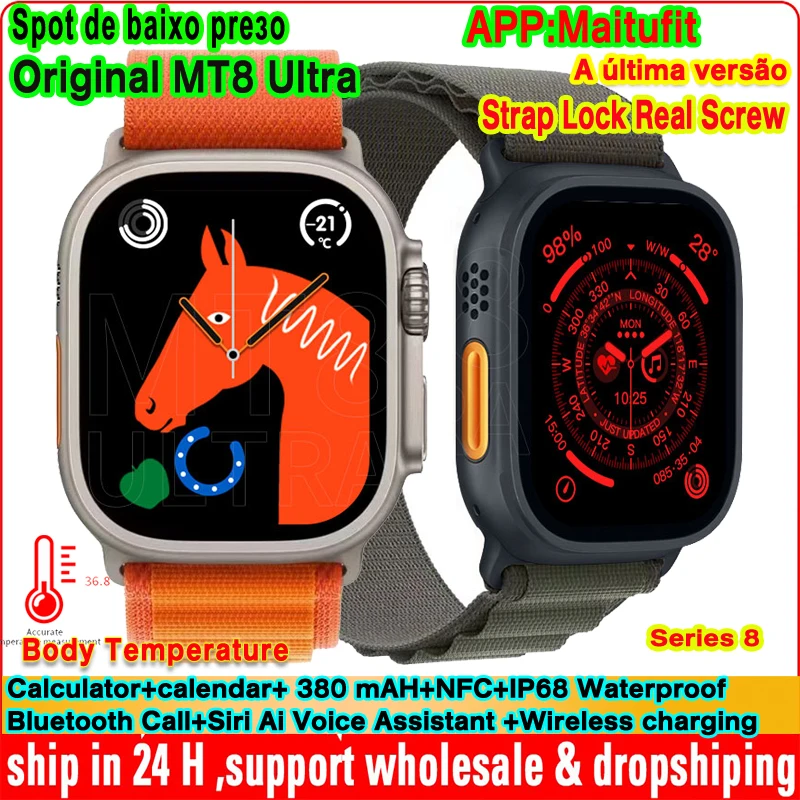 

Оригинальные Смарт-часы MT8 Ultra, 49 мм, Версия 8, телефон, монитор температуры тела, Siri Ai, голосовой помощник, Bluetooth, звонки, умные часы iwo