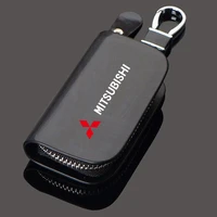 leather zipper keychain organizer pouch car key bag wallet case for mitsubishi logo outlander 3 lancer 10 pajero 4 asx l200