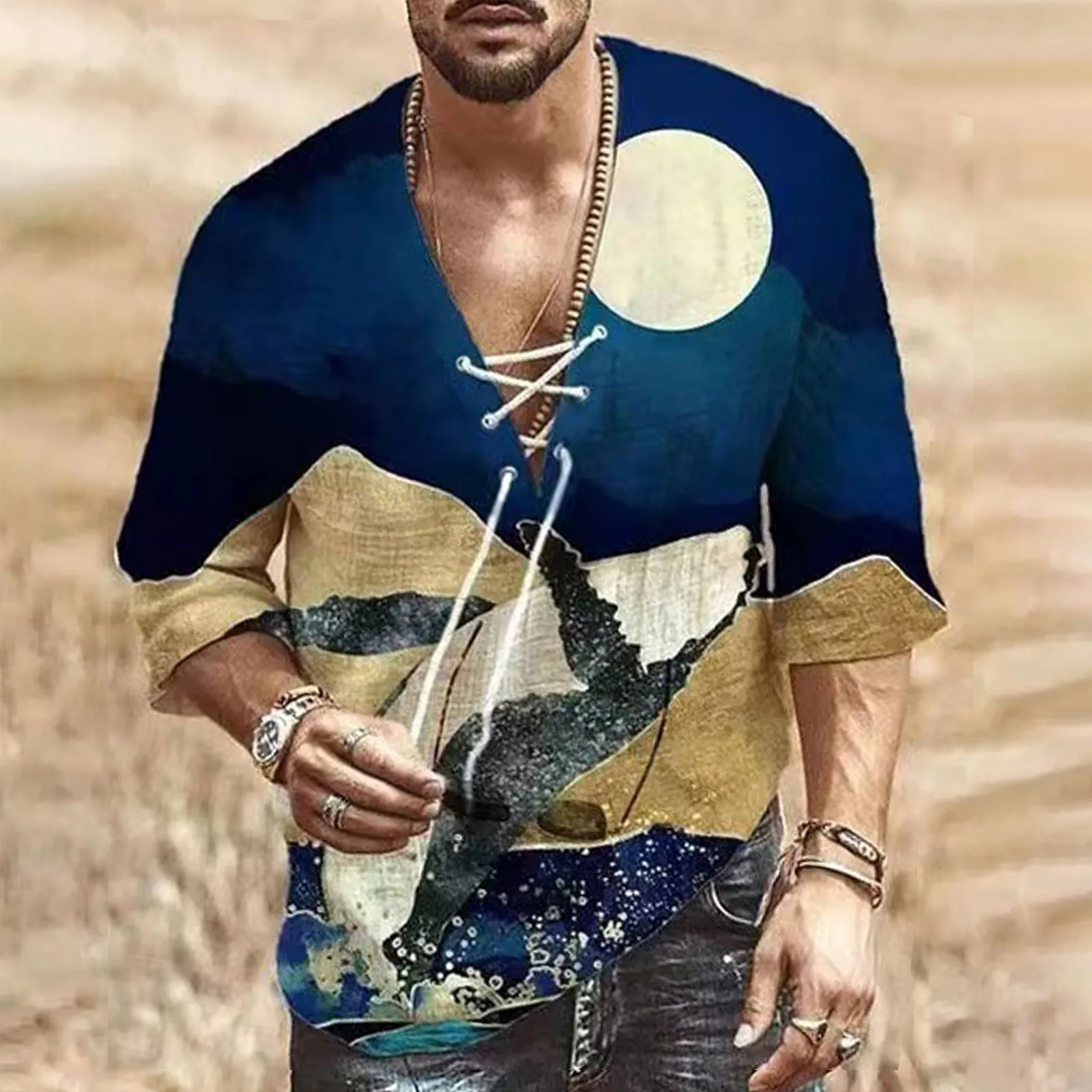 

Print Hippie Shirt Men's Half Short Sleeve Cotton Linen V Neck drawstring Loose Shirts Summer Beach Loose Tee Tops