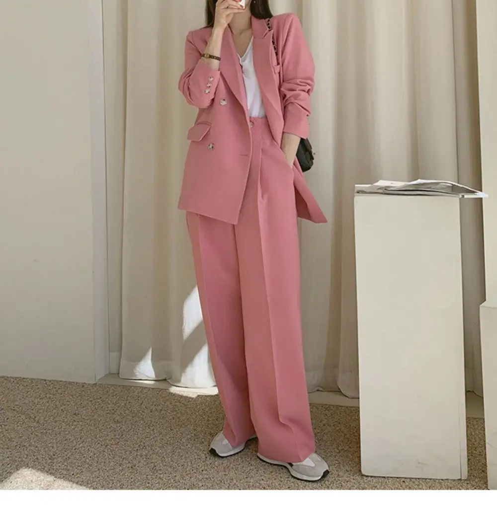 Korean Style Blazer Suits for Women Chic Two Piece Set Long Sleeve Loose Casual Jacket + High Waist Straight Pants Office Lady