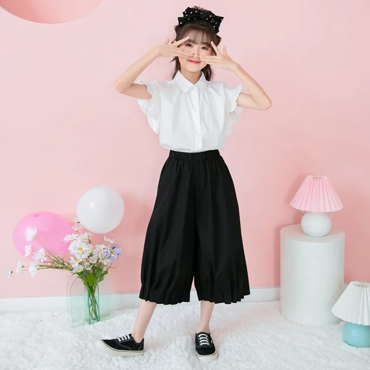 

Summer Girls Clothes Sets Kids Lotus Leaf Sleeve Loose Shirt + Wide Leg Pants Children's Clothing Outfits Teen 4 6 8 10 12 Yrs