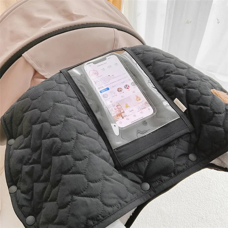 New Bear Winter Warm Stroller Gloves Waterproof Gloves Pram Accessories Stroller Mitten Fur Fleece Hand Muff Mitten Phone Pocket enlarge
