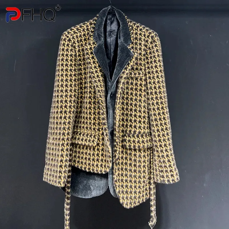 

PFHQ мужской плотный костюм из двух предметов, пальто, Осенний пояс, авангардный пэчворк, красивые блейзеры для тяжелой промышленности, куртки, новинка 21Z2628