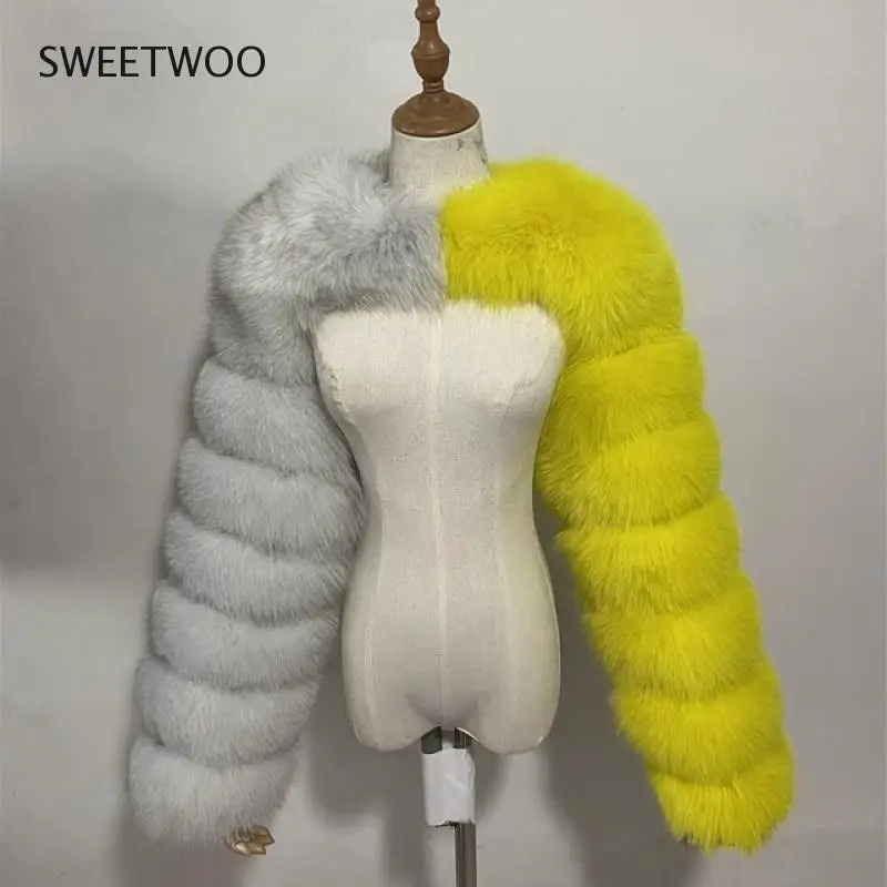 Fashion Winter High Quality Faux Fox Fur Coat Women 2022 Patchwork Long Sleeve Warm Mink Short Jackets Furry Coat Top Tide Slim