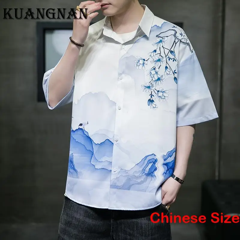 

KUANGNAN Printed Mens Shirt Fashion Luxury Short Sleeve Shirts Man Cool Blouse Male Clothes Tops Korean Style 5XL 2023 Summer