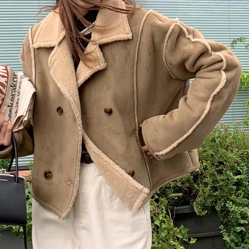 

Женское замшевое пальто с флисовой подкладкой, двубортное байкерское пальто составного кроя с лацканами и пуговицами, верхняя одежда для зимы 2022, 0927