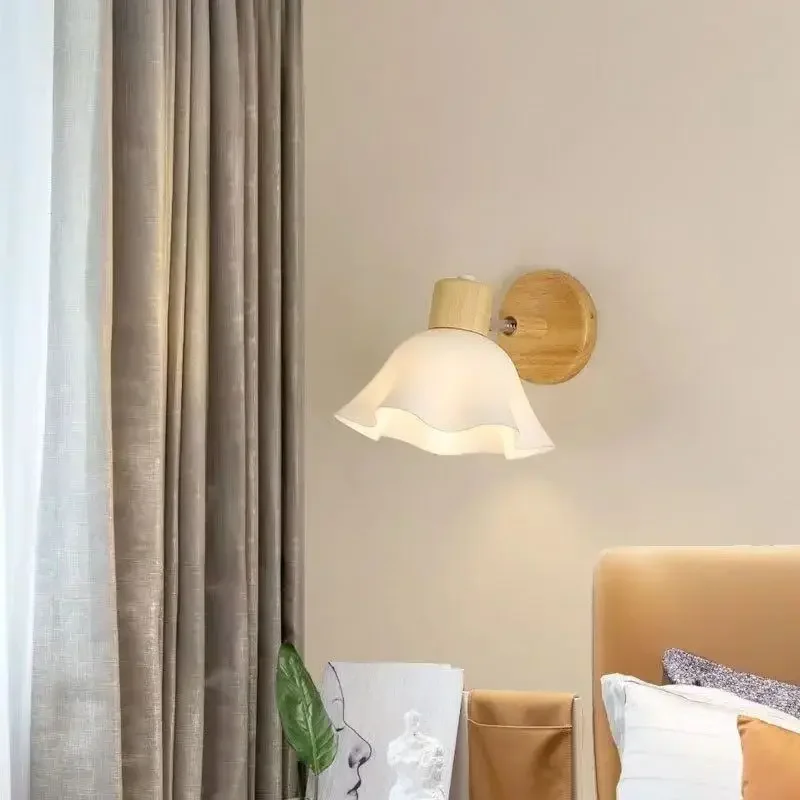 

Nordic Wooden Wall Lamps Cream Wind LED Lights For Bedroom Bedside Study Hallway Aisle Dressing Table Mirror Front Light Fixture