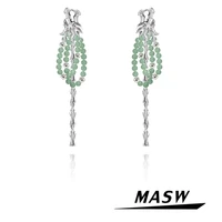 masw original jewelry green beads earrings popular style geometric metal high quality silver color dangle earrings fro women