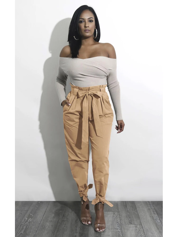 

High Waist All-Match Casual Pants Small Feet Woman Long Pants Slant Pockets Women Ankle-length Belt Harem Trousers Streetwear