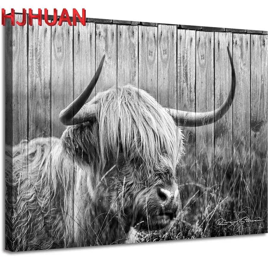 

Highland Cow Black and White Decorated Rustic Bedroom Modern decor mosaic diamond painting full square/round drill,New gift,