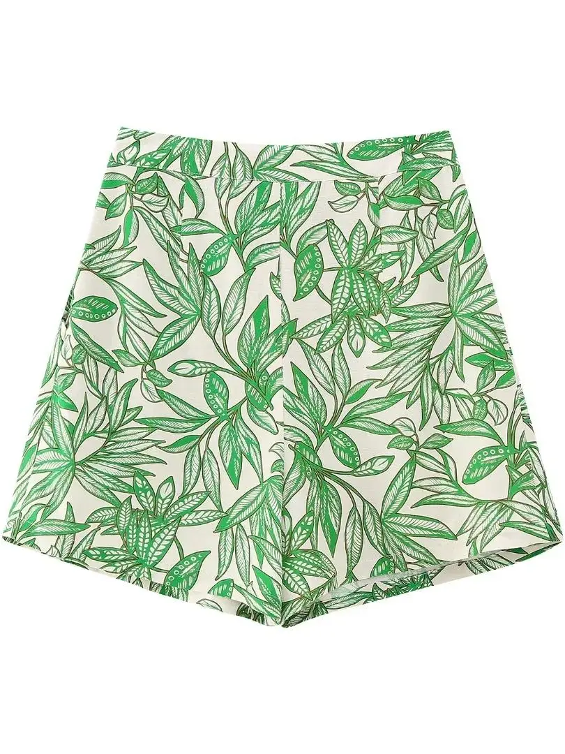 Summer Women's Green Printed High-waisted All-in-one Pocket Design Pleated Decorative Casual Wide-leg Shorts Holiday Style