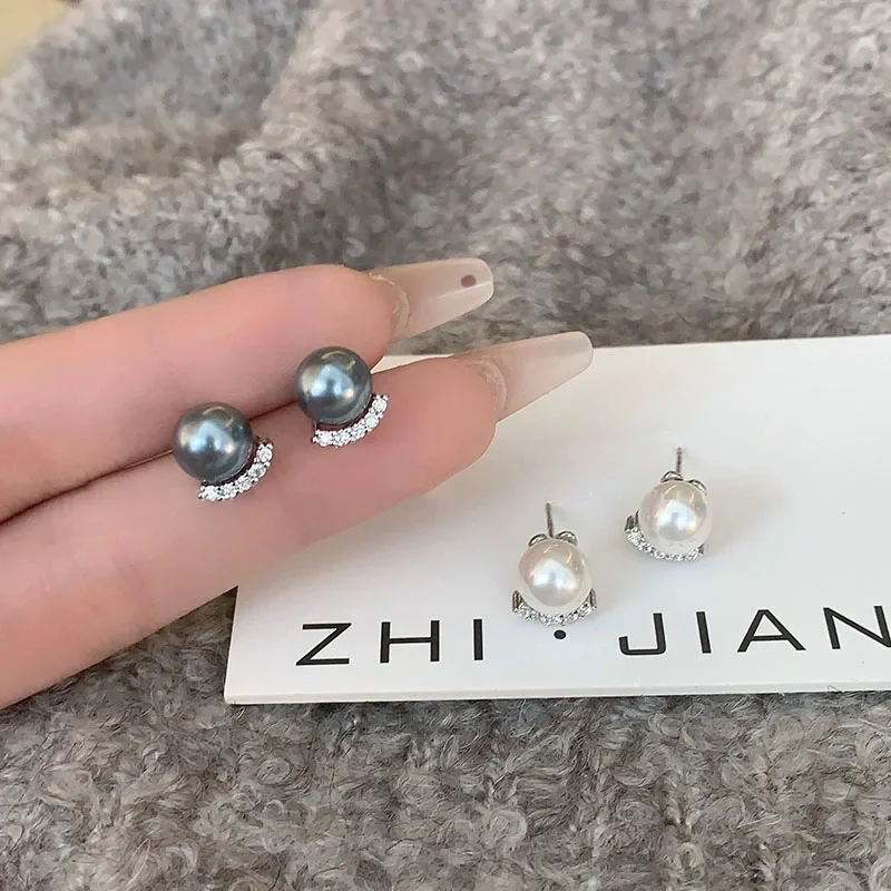 Серьги-гвоздики с жемчугом и цирконом серебро 925 пробы