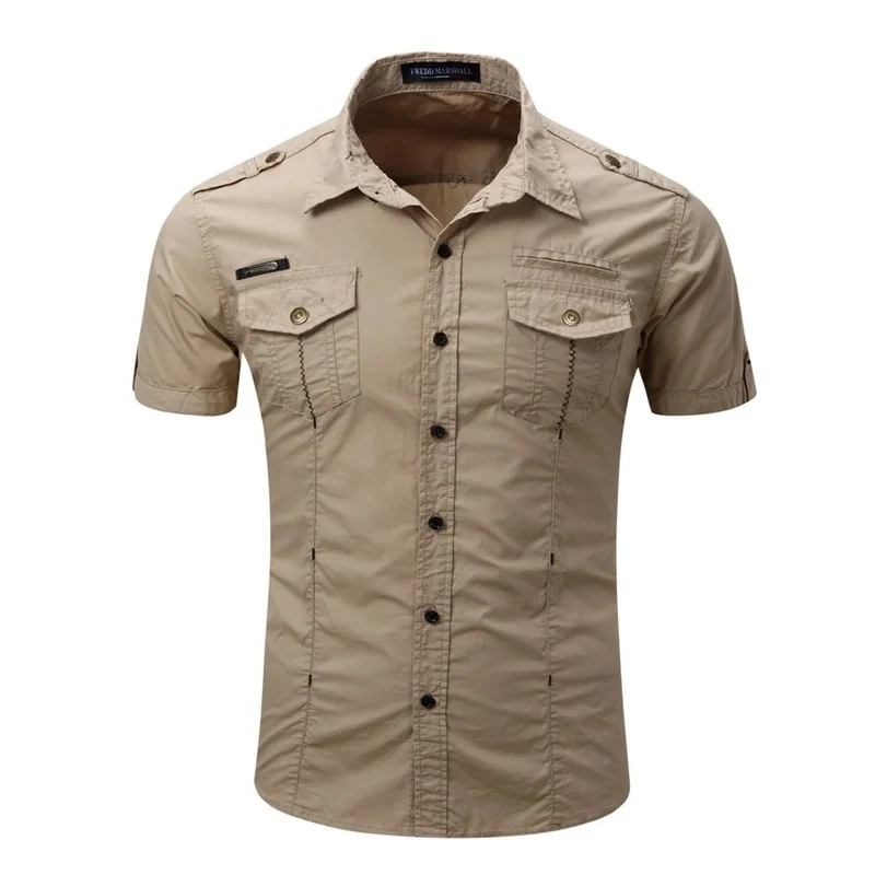 High Quality Mens Cargo Shirt Men Casual Shirt Solid Short Sleeve Shirts Work Shirt with Wash Standard US Size 100% Cotton