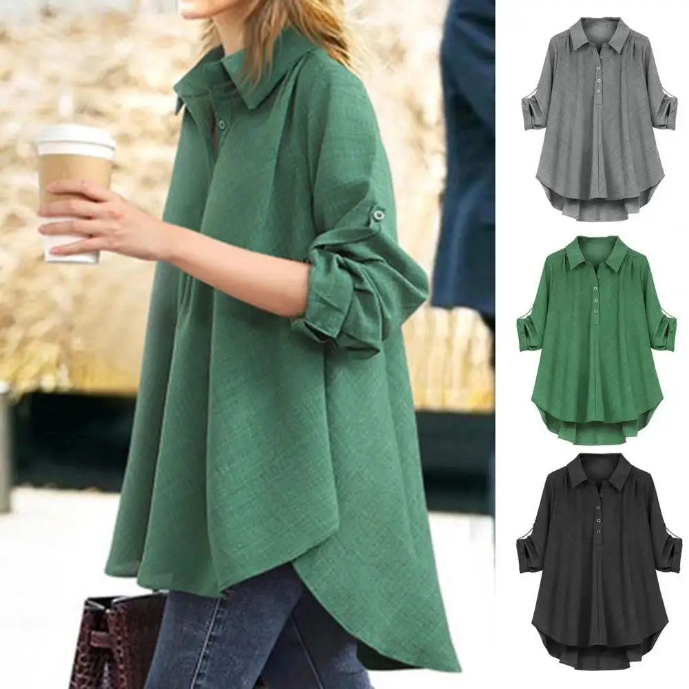 

Turn-Down Collar Roll-up Sleeve Half Buttons Closure Women Shirt High-low Pleated Hem Loose Shirt Female Clothing