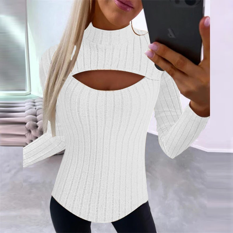 

OL Women Round Neck Skinny Shirts Commute Texture Hollow Half Collar Tees Blouses Winter Fall Casual Solid Long Sleeve Pullover