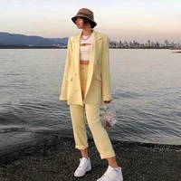 yellow blazer suit two piece set 2021 women solid colors double breasted casual office blazer high waist straight pants suit