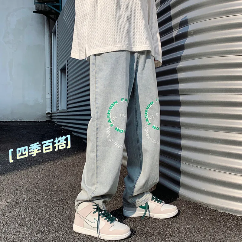 Blue Black Baggy Jeans Men Fashion Letter Print Casual Straight Jeans Mens Streetwear Harajuku Loose Hip Hop Denim Pants Men