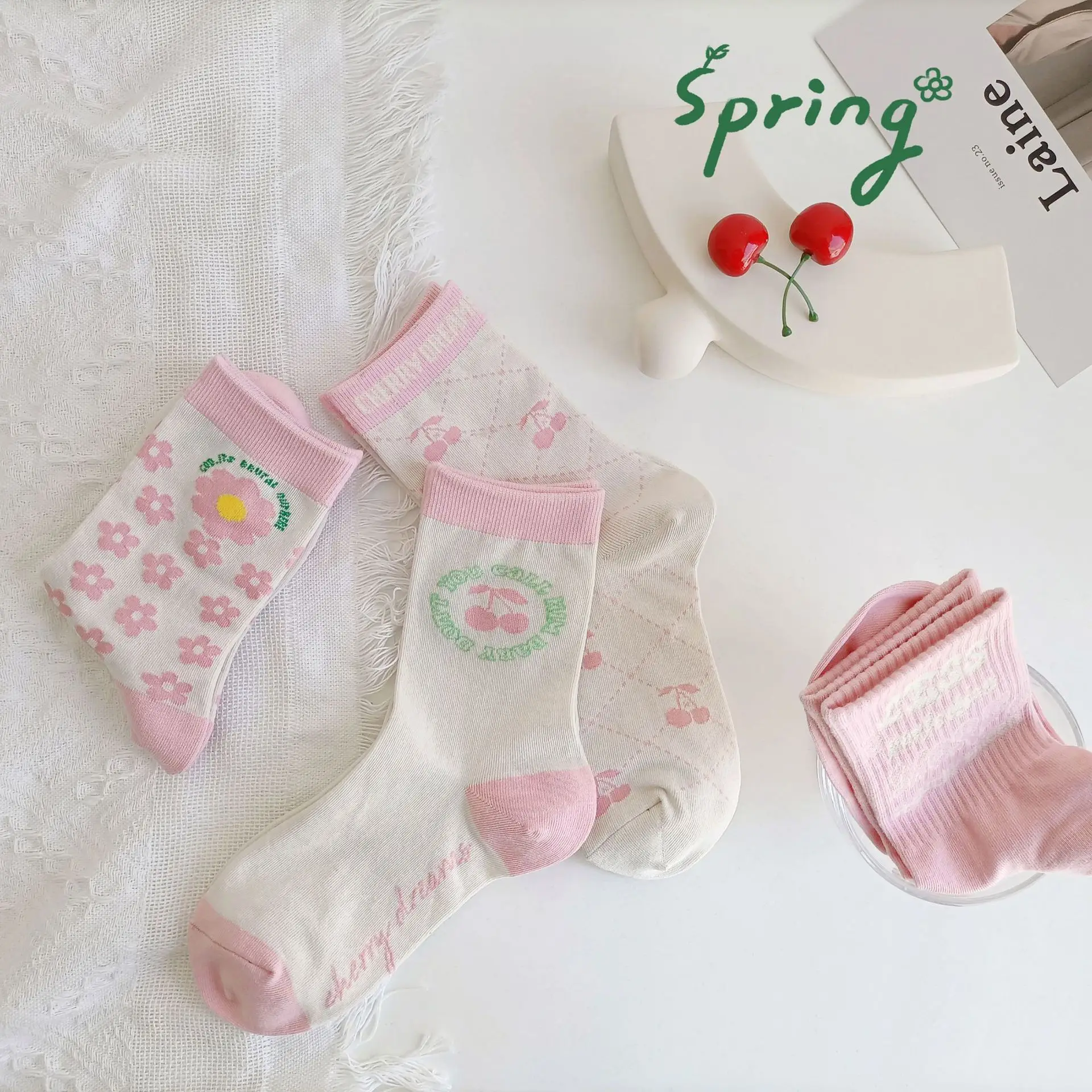 

Japanese candy color pile socks women pink cherry lolita medium tube cute women's socks breathable