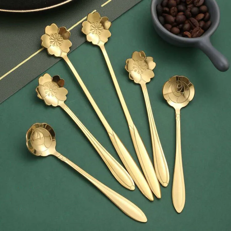 

Flower Spoon Set Small Teaspoon Coffee Spoon Cute Ice Cream Dessert Spoon Silver Gold Stainless Steel Spoon For Coffee Tea