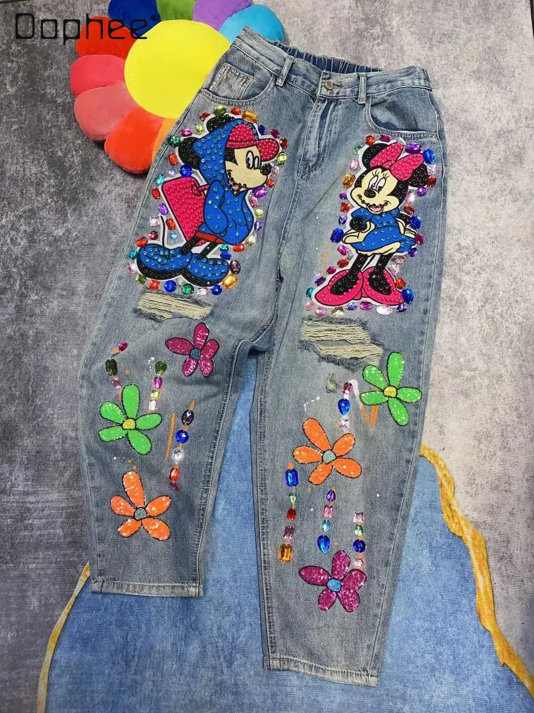 

Fashion Brand Cartoon Ripped Gem Doodle Hand Drawn Jeans 2023 Spring and Summer New Distressed Worn High Street Wide-Leg Pants