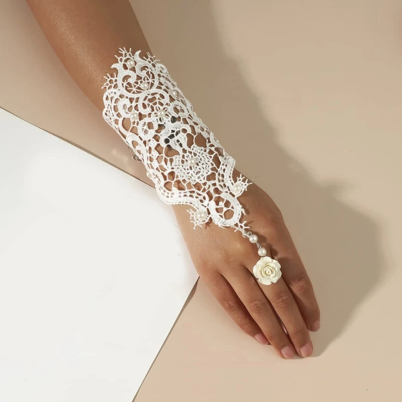 

Gloves Handmade Bridal Wedding Flower Rose Lace Bracelet & Adjustable Ring Set