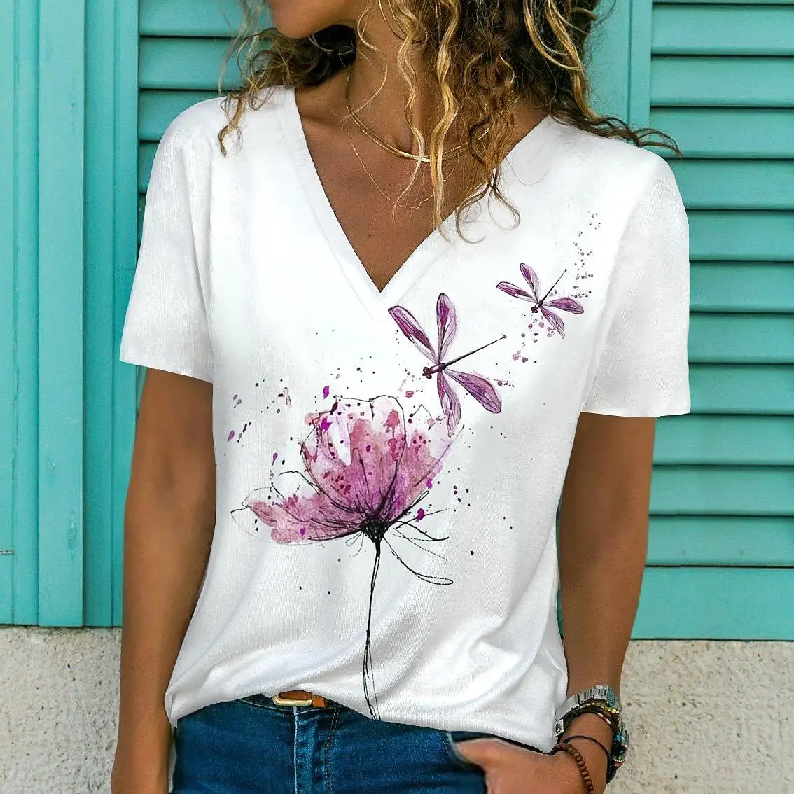 

2022 Summer Women's Elegant Printed Painting Short Sleeves V Neck Dragonfly Painting Pullover Loosen and Casual Tops