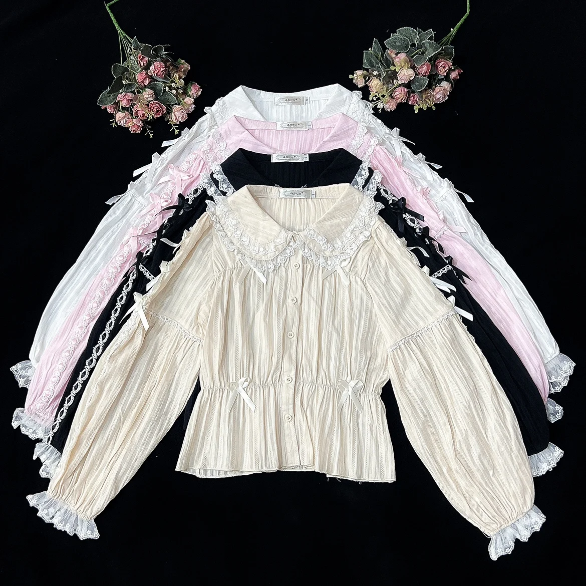 

Cotton Striped Fall Winter Women's Lolita Long Sleeve Peter Pan Collar Blouse Lace Trim Little Bows Cute Shirt