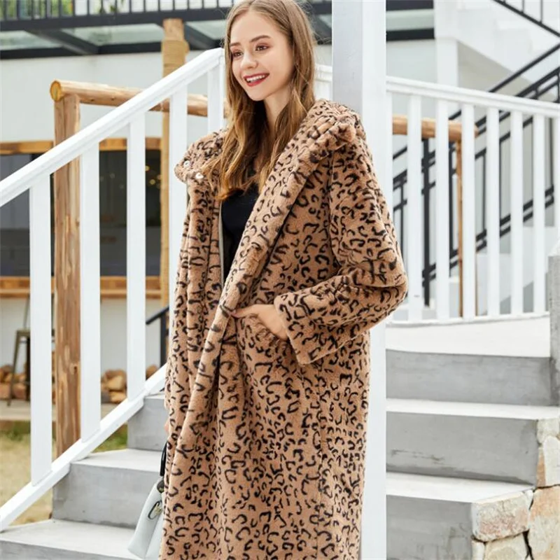 Autumn faux mink leather jacket womens Leopard hood long fur leather coat women slim jackets jaqueta de couro fashion enlarge