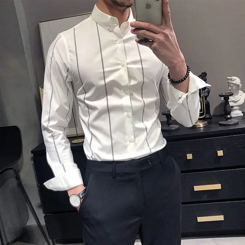 

Men's Shirt Stretch Korean Version Simple Trend Stripe Long-sleeved Basic Non-ironing Inside and Outside Wear Slim Suit Formal