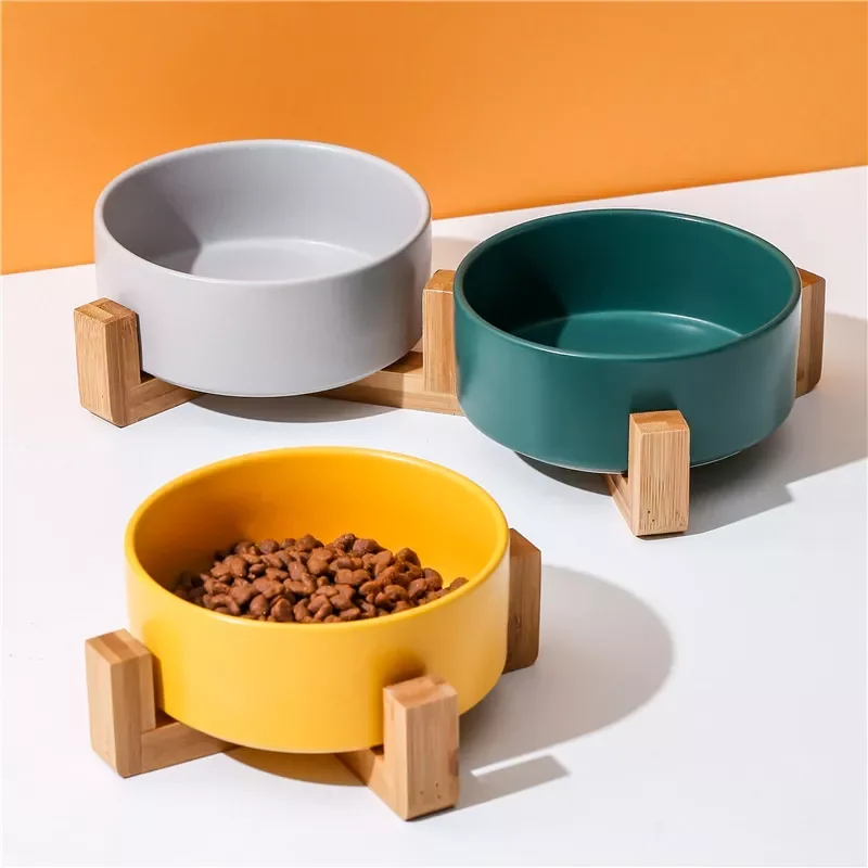 

NEW2023 Ceramic Dog Bowl Cat Food Water Bowls with Wood Stand No Spill Large Feeder Dish for Dogs Cats Feeding Puppy Bowls Pet S